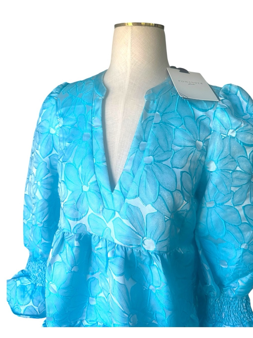 NWT Pomander Place Blue Floral Puff Sleeve Tiered Mini Dress Medium - Picture 3 of 12